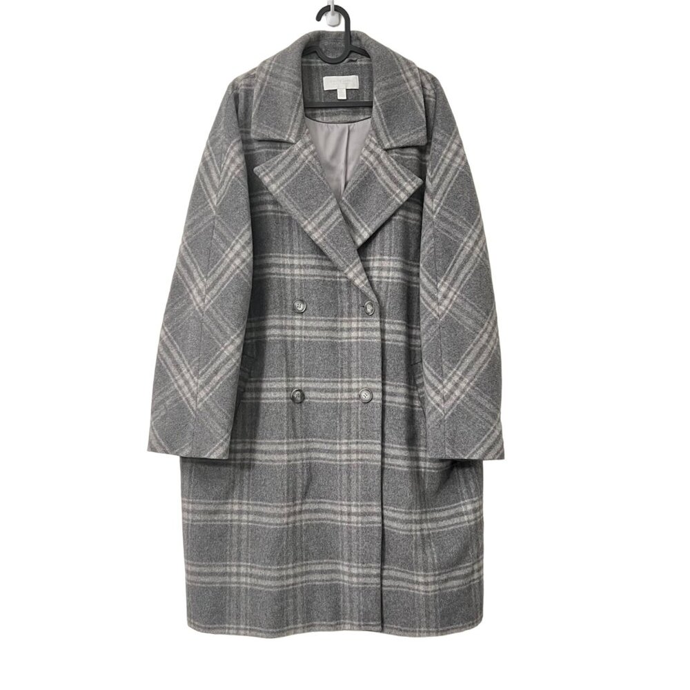 White Company Gray Plaid Wool Double Breasted Long Coat Womens Size Large